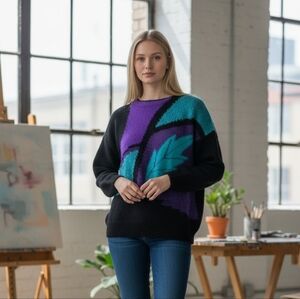 Color Block Granny Goodness Vibrant 3D Knit Flashy Geometric 80s Sweater Size LG